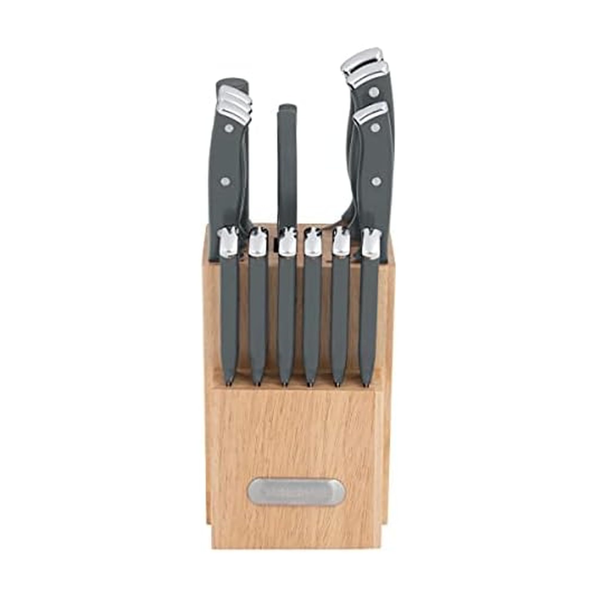 Farberware Triple Riveted Knife Set High-Carbon Stainless Steel Blades, Ergonomic Handles with Silver Accents, Includes Rubber Wood Storage Block, 15 piece, Gray