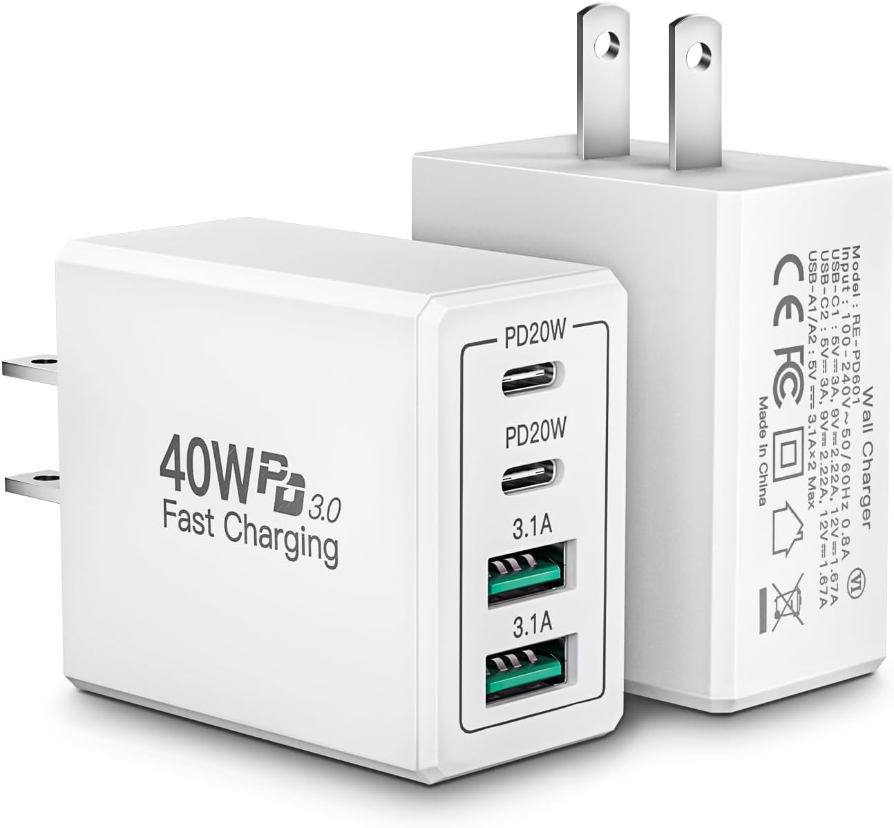 [2 Pack] USB C Wall Charger, 40W 4Port Fast Charging Block, Dual Port