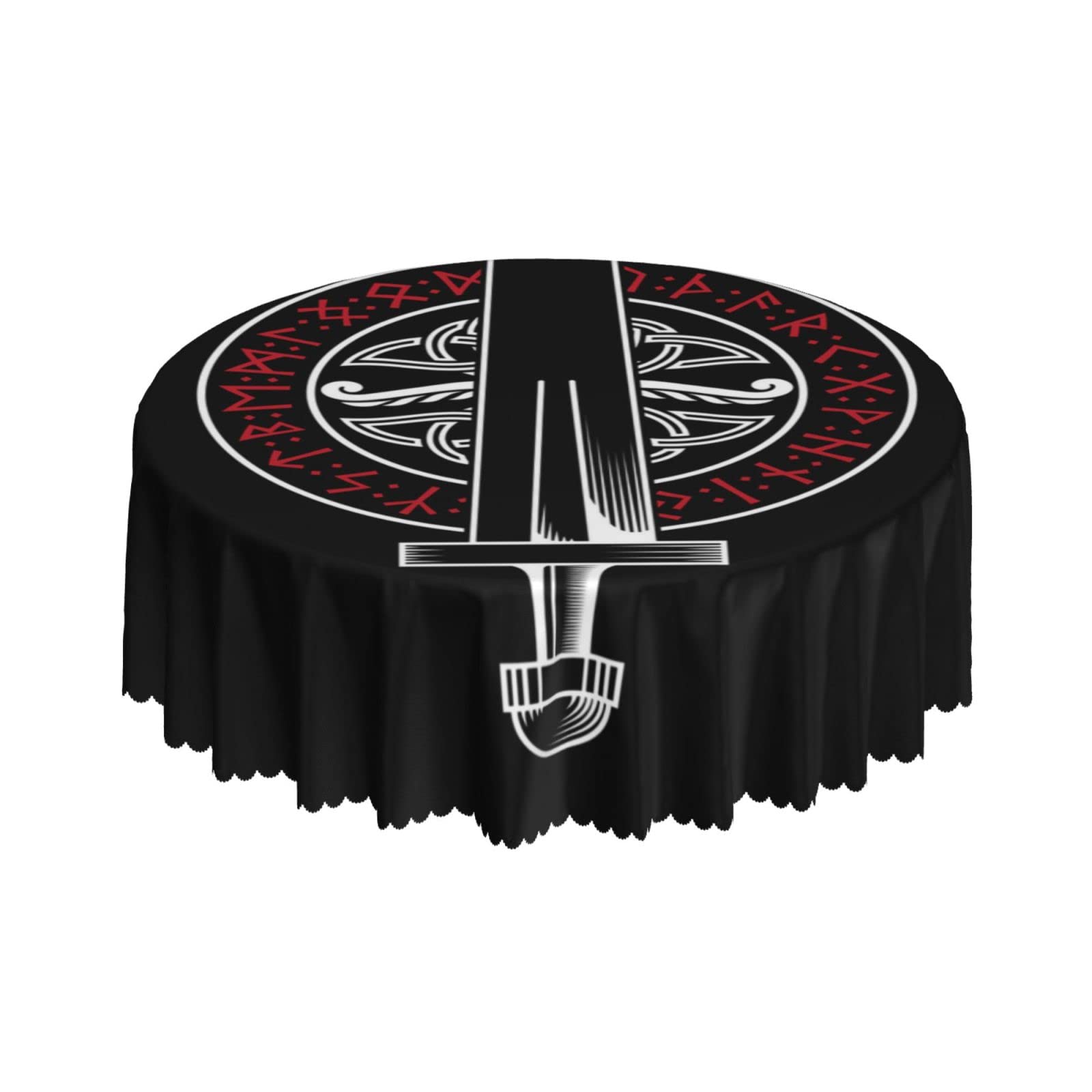 Lsjuee Viking Symbol Sword Warrior Black Round Tablecloth 60 Inch Printed Washable Tablecloth for Dining Party Holiday Fall Home Decorative