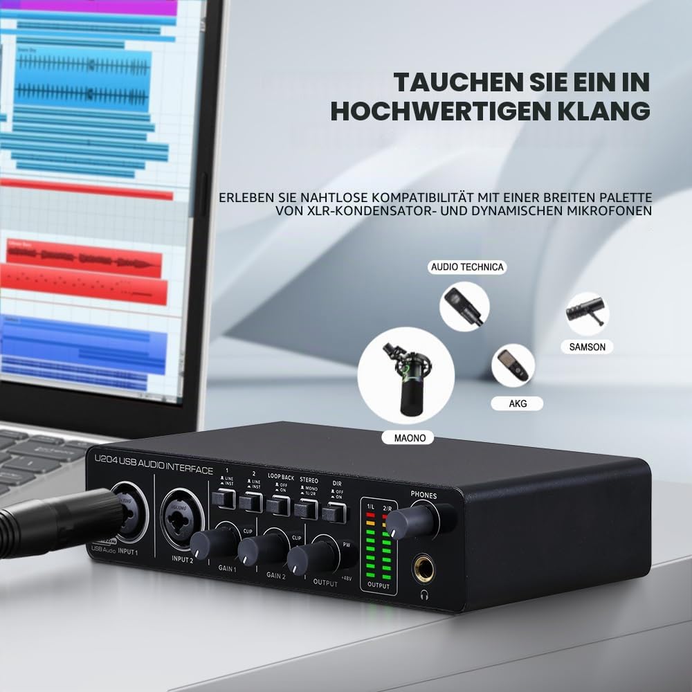 BOMGE U204 USB-Audio-Anschluss für die Aufnahme von Musik auf PCs, 2x2 Gitarren-Audio-Anschluss für Mac 32-Bit/192kHz Podcast-Streams, für Sänger-Produzenten mit 48V Mirage