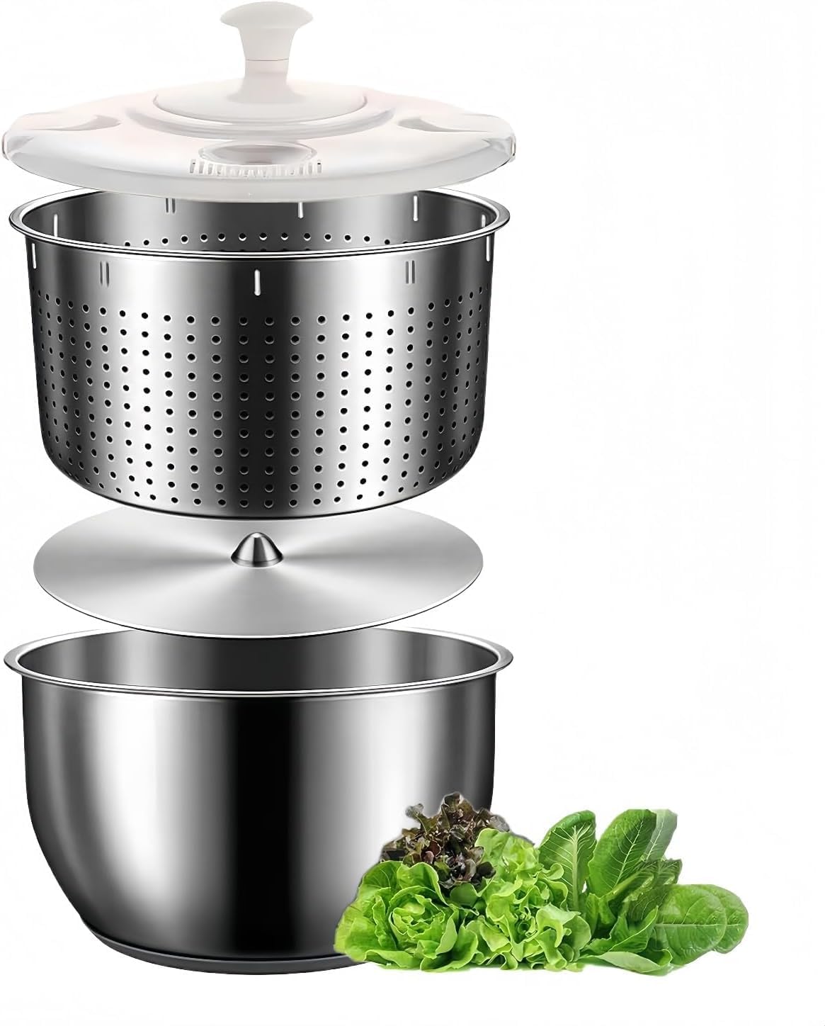 Stainless Steel Salad Spinner 5L, Large Vegetable Dryer & Fruit Washer with BPA-Free Lid – Manual Easy Spin Operation, Non-Slip Base, Dishwasher Safe for Kitchen Prep, Dishwasher Safe