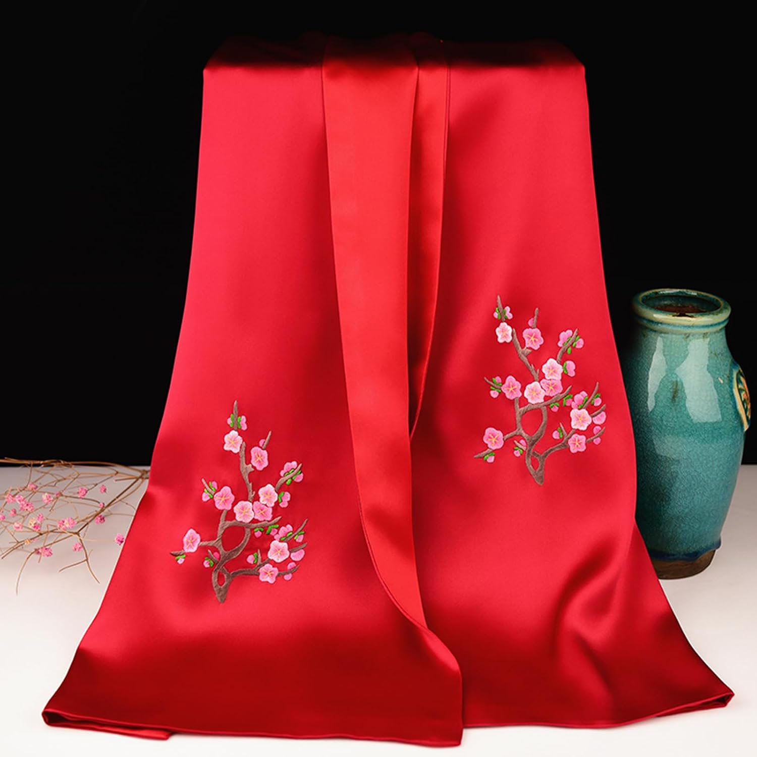 Hand embroidered 100% mulberry silk double-layer silk women's long scarf, headscarf, and neck shawl(58)