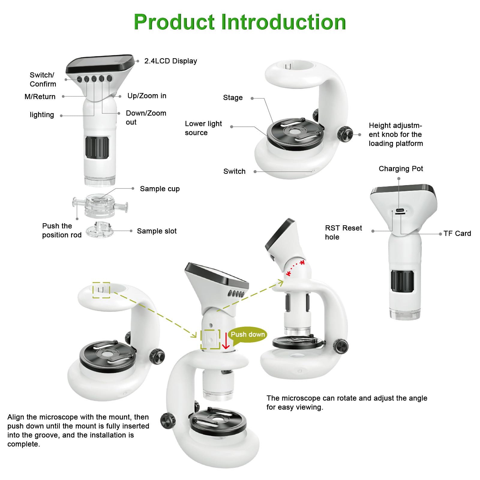 GuKKK Microscopio para Niños, Microscopio IPS de 2.0 Pulgadas,Minimicroscopio 1000X USB WiFi HD 1080P,Tarjeta de 32 GB,Microscopi Portátil para Niños con LED Fotos y Videos, Función Portátil y Fija
