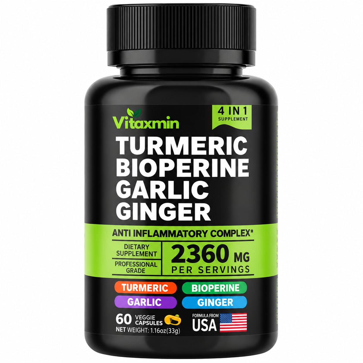 Turmeric Curcumin Supplement with BioPerine & Garlic - 2360mg Turmeric Ginger Root Capsules for Joint Support, Immune Health & Daily Wellness - 60 Caps