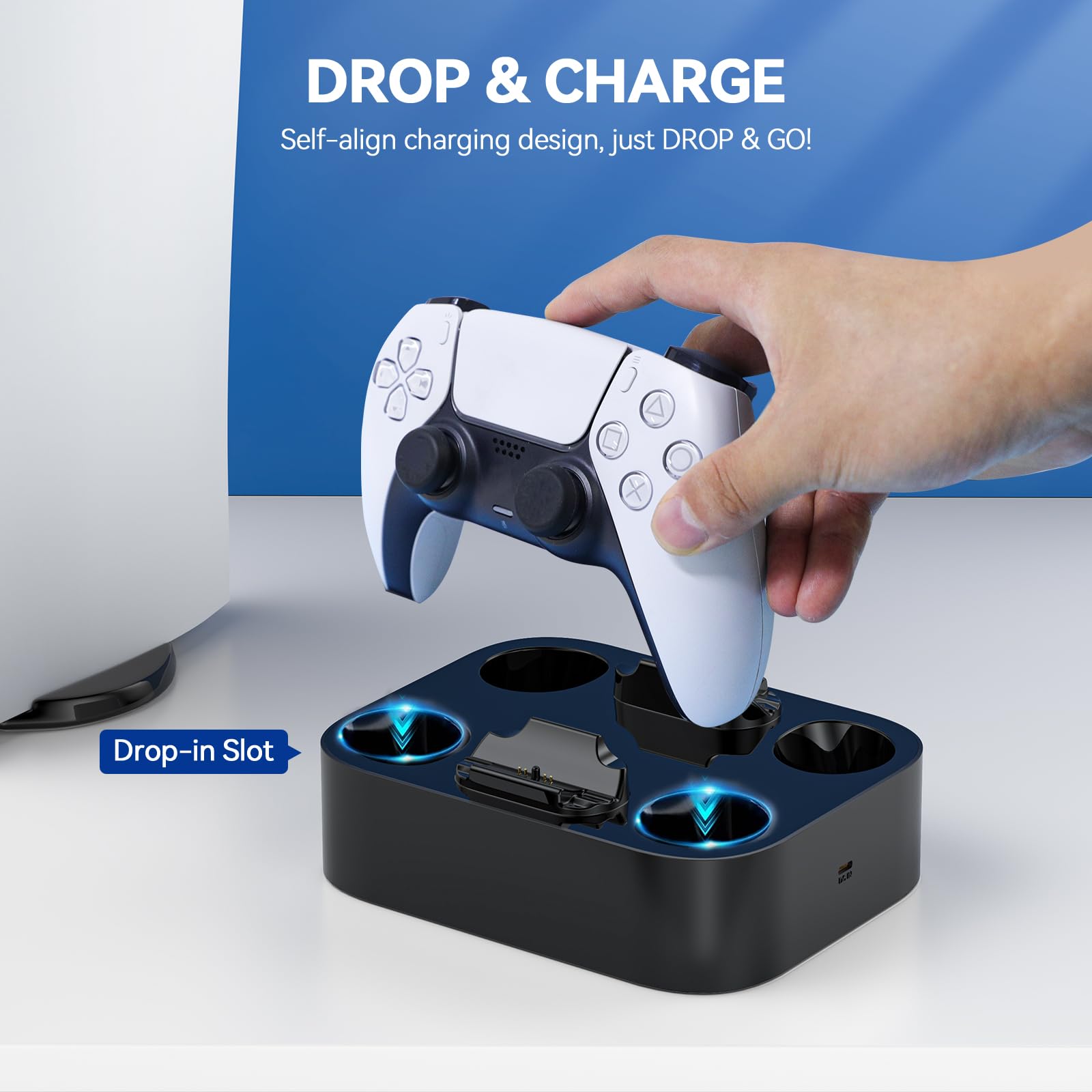 LVFAN Stazione di ricarica per controller PS5, controller PS5, dock di ricarica veloce con protezione chip di sicurezza e indicatore LED, stazione di ricarica per controller Playstation 5 (nero)