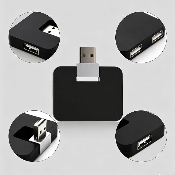 USB 2.0 Hub, 4-Port Mini U-Shape Data Transfer Hub for PC Laptop Desktop, Plug and Play, Black