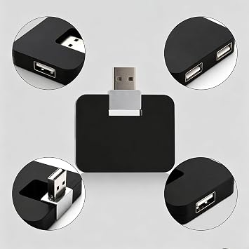 USB 2.0 Hub, 4-Port Mini U-Shape Data Transfer Hub for PC Laptop Desktop, Plug and Play, Black