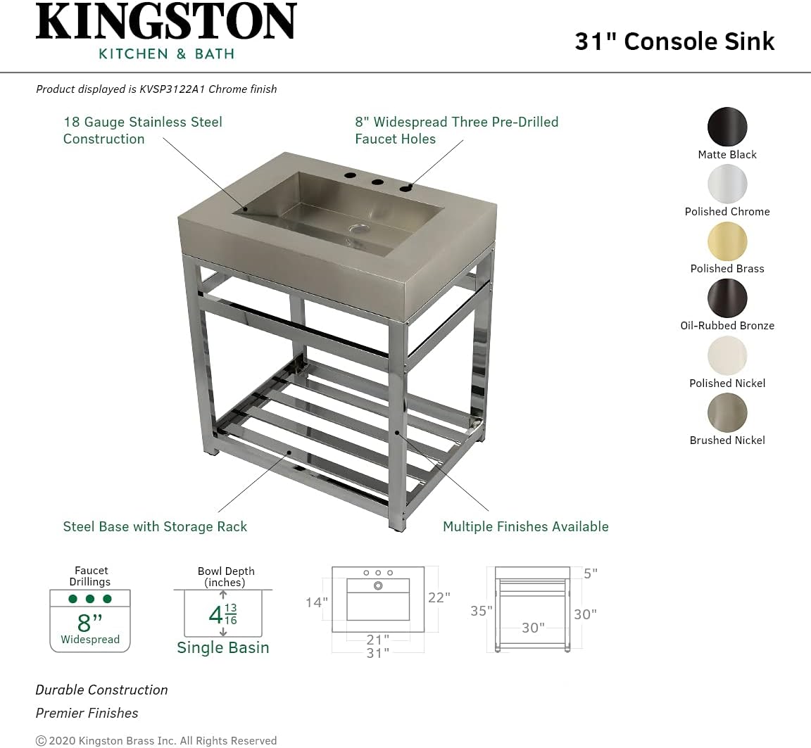 Kingston Brass KVSP3122A6 Fauceture 31" Stainless Steel Sink with Steel Console Sink Base, Brushed/Polished Nickel