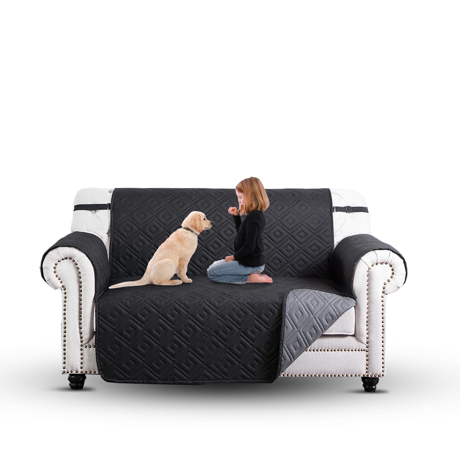 Moonlight Bedding Black-Dark-Grey Sofa Cover 2 Seater Water Resistant Sofa Protectors From Pets Reversible Quilted Couch Covers Non-Slip Furniture Slipcovers With Elastic Straps For Kids (Loveseat, Black/Dark Grey)