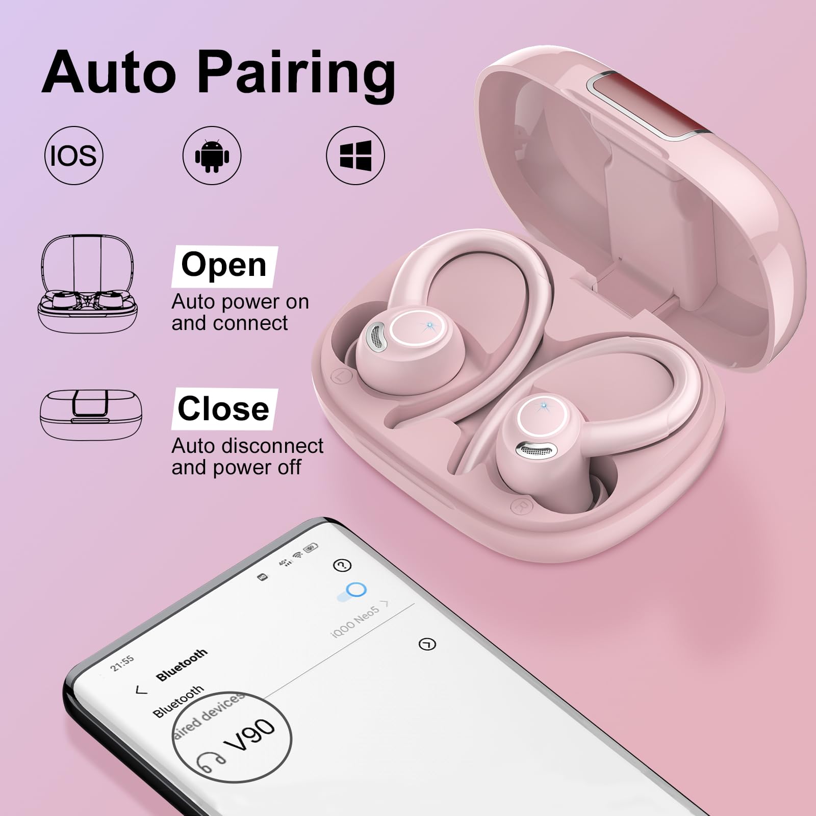 Cuffie Bluetooth Sport 5.3 Con 120 Ore Di Riproduzione, Impermeabili IPX7, Bassi Profondi E Display LED – Rosa