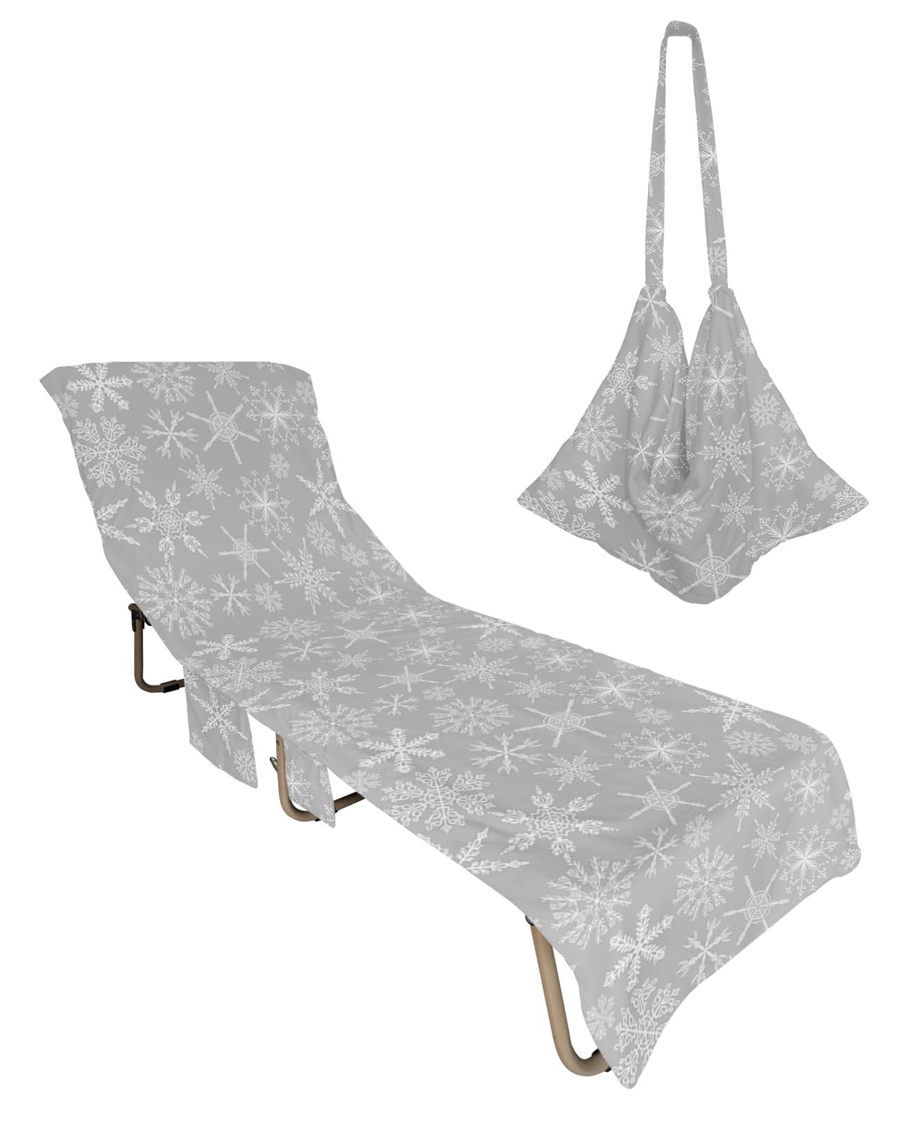 Grey Snowflake Christmas Beach Lounge Chair Towel Cover, Soft Chaise Lounge Towel with Side Pockets Patio Pool Chairs Cover for Beach/Pool Sunbathing 29x85 Rustic Xmas Winter Snowflake