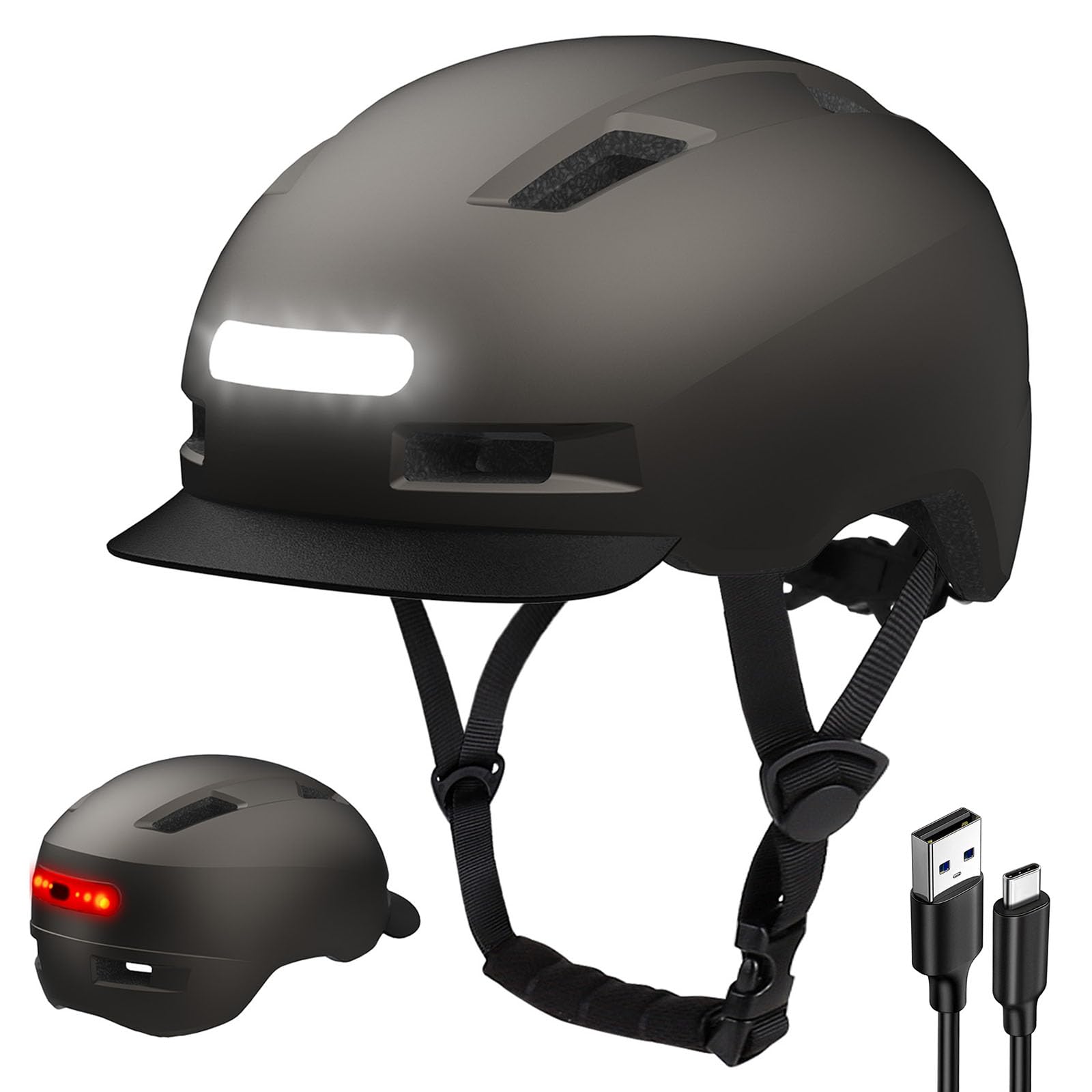 KINGLEAD Fahrradhelm, 5 Lichtmodi USB-aufladbar fahrradhelm mit licht vorne und hinten für Damen und Herren ，Leichter Fahrradhelm Erwachsene für Scooter ，e-Bike &rennrad