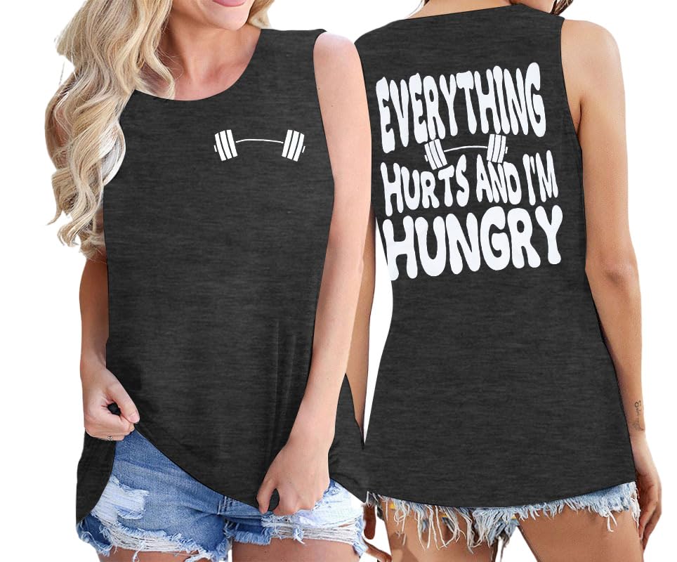 Funny Workout Shirt Women Gym Weightlifting Graphic Tank Everything Hurts and I'm Hungry Sleeveless Tshirt Tops
