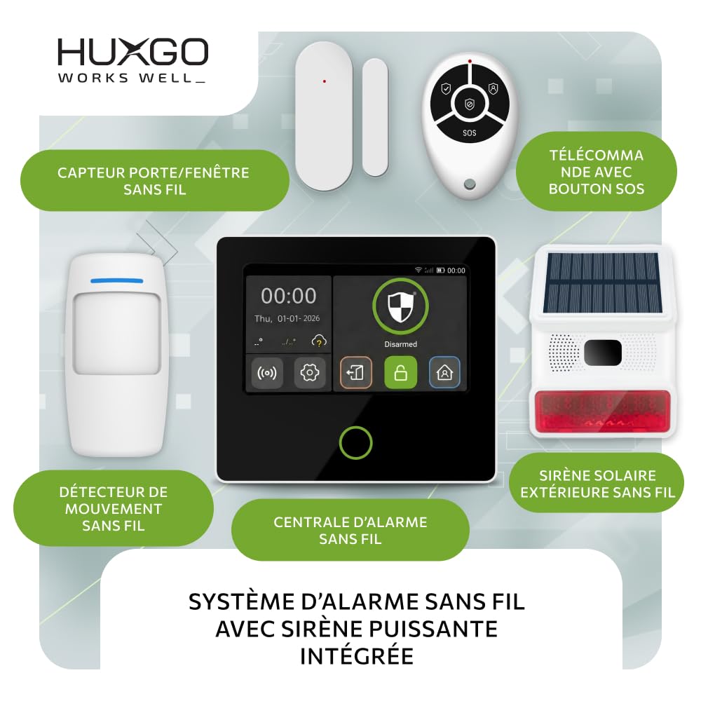 HXA502 Kit Alarme sans Fil WiFi + GSM 4G | Système d’Alarme avec Sirène Solaire, 9X Détecteurs PIR, 9X Capteurs d’Ouverture | Idéal pour Habitation & Garage, Kit de Sécurité Connecté