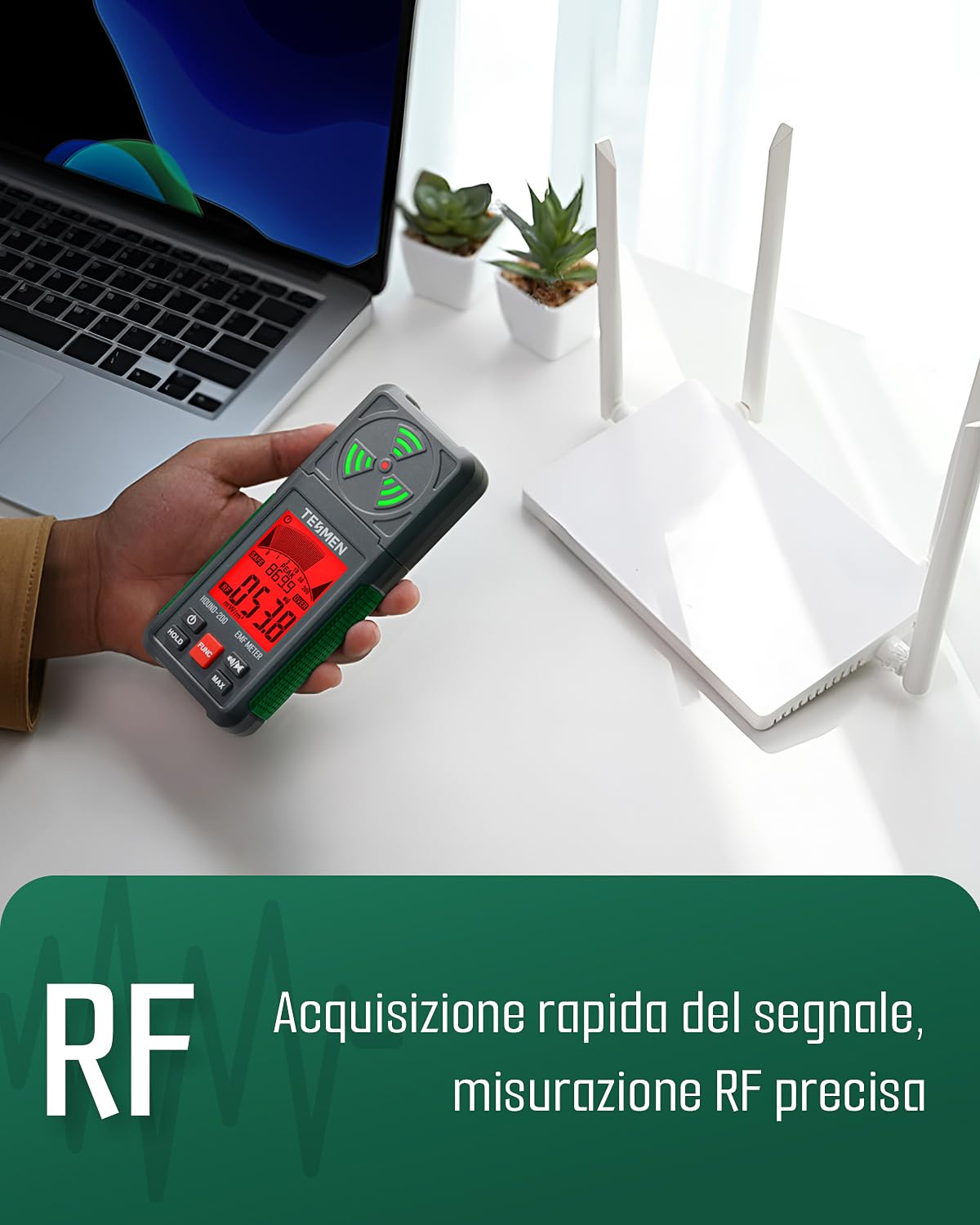 TESMEN Hound-200 Misuratore EMF, Rilevatore di Radiazioni del Campo Elettromagnetico Portatile 3-in-1 per EF RF MF, utilizzato per ispezioni EMF domestiche ed esterne e caccia ai fantasmi - Verde