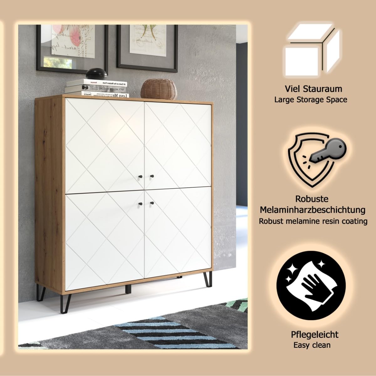 trendteam smart living - Touch - Sideboard - Weiß/Eiche - Highboard mit 4 Türen und 3 Einlegeböden - Fronten mit dekorativer Fräsung - (BxHxT) 123 x 136 x 40 cm - extravagante schwarze Metallfüße