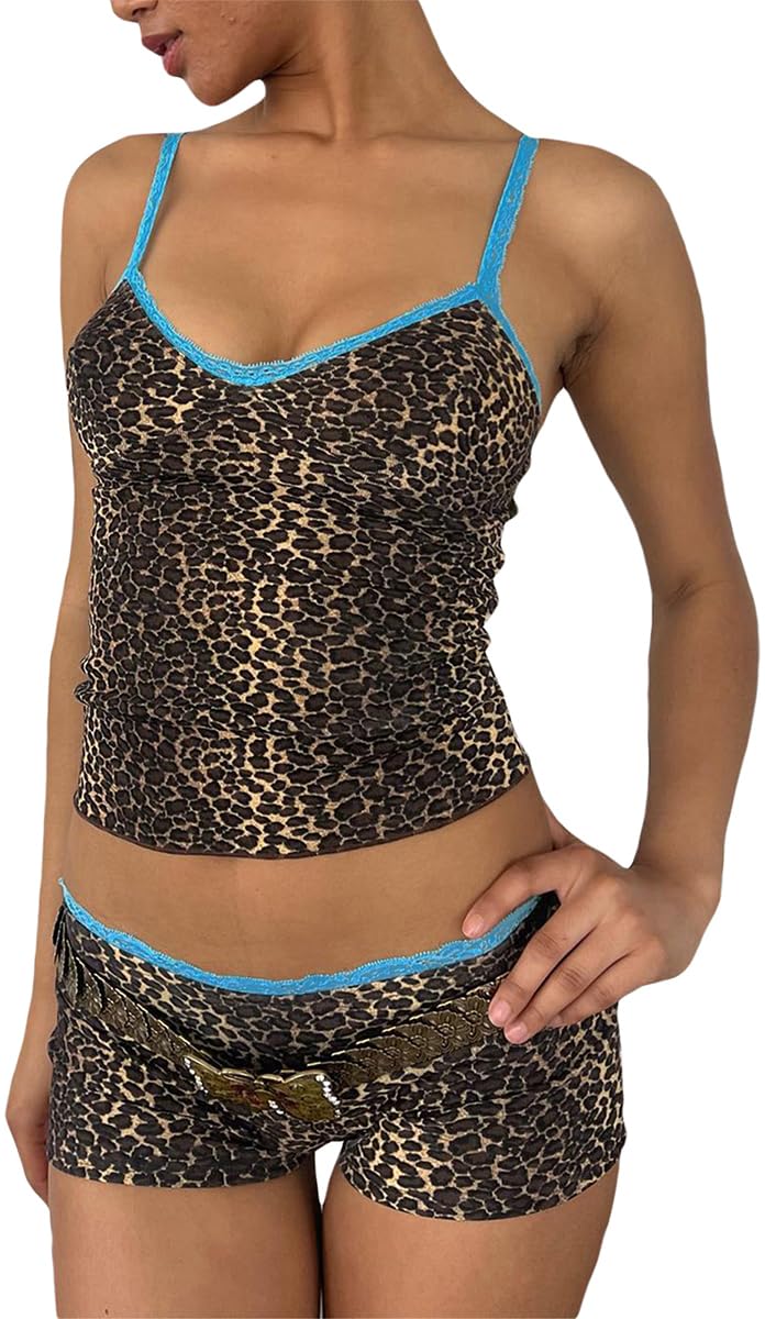 YiulangdeY2k Leopard Sets 2 Piece Outfit Cheetah Print Cami Tank Top and Pajama Shorts Set for Women Sexy Coquette Sleep Set