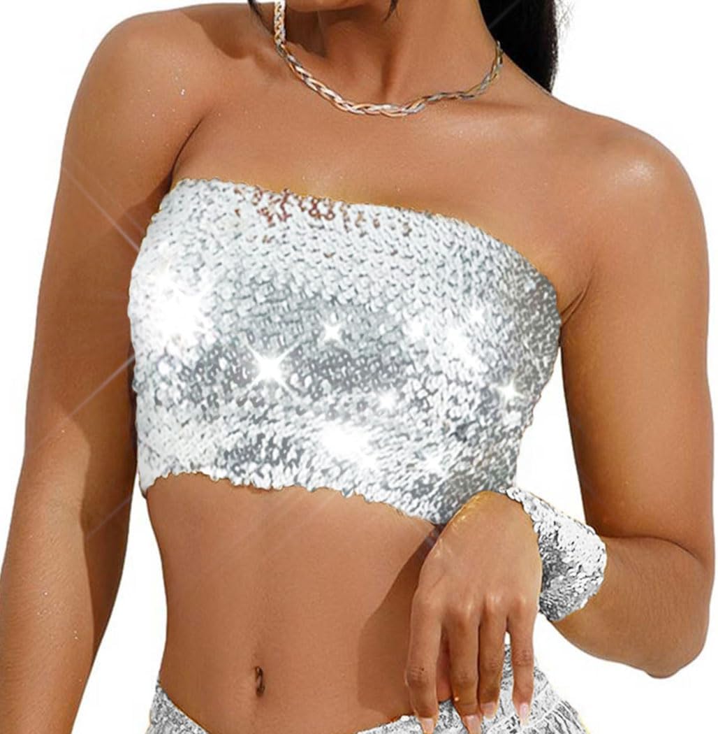 Kakaco Sparkly Strapless Crop Top Glitter Sequin Tube Top Party Clubwear Top for Women and Girls