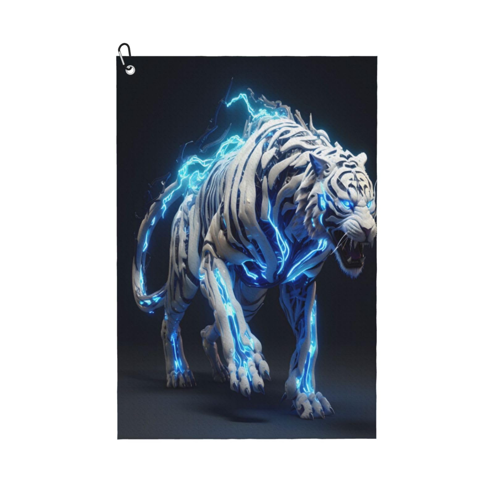 AOOEDM Futuristic Blue Light White Tiger Print Golf Towel with Carabiner Clip Absorbent Microfiber Golf Towel for Cleaning Golf Ball Club Putter Iron for Golf Bag Trolly Belt Loop 16" X 24"