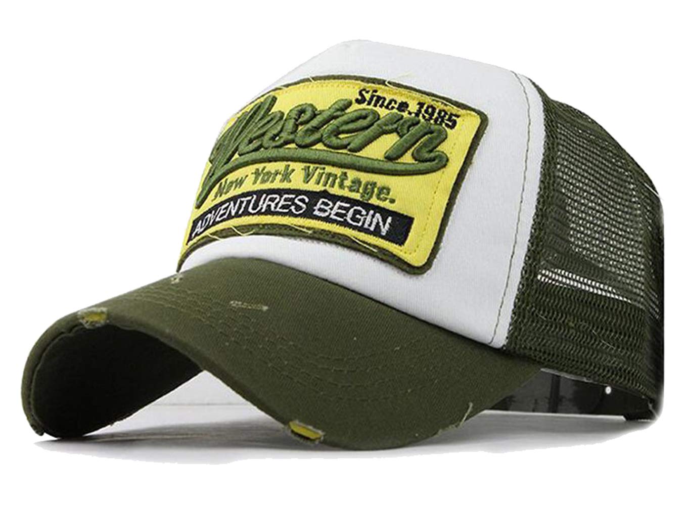 Anikigu Unisex Green Baseball Mesh Cap Patch New York Vintage Cotton Snapback Big Distressed Trucker Hat Hip-Pop,