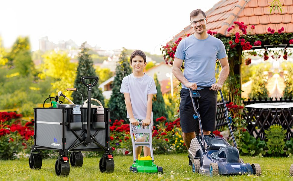 Image of ROSONG Collapsible Wagon Cart with Wheels, Grey with Cover, 120L | Foldable, Folding Utility, Heavy Duty, For Grocery Sports Garden Shopping Camping