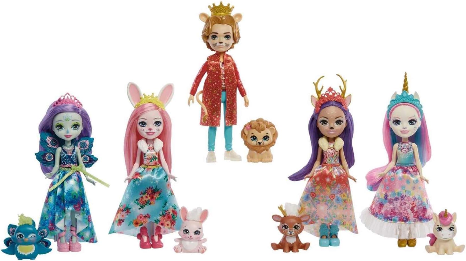 Mattel Royal Enchantimals Multipack with 5 Dolls (6-in/15.2-cm) and 5 Animal Figures, Includes Patter Peacock, Bree Bunny, Ambrose Unicorn, and More, Great Gift for Kids Ages 3-8