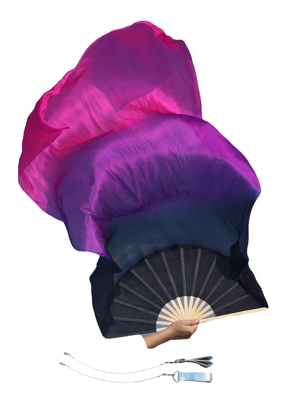 Winged Sirenny Paar Handgemalter Vielseitig Seidenfächer-Schleier mit Poi-Schnüren, Leichte 150cm Fächer-Pois für Bauchtanz, Tribal Dance, Bühnenshows & Spirituelle Tanz (schwarz-violett-rosa)