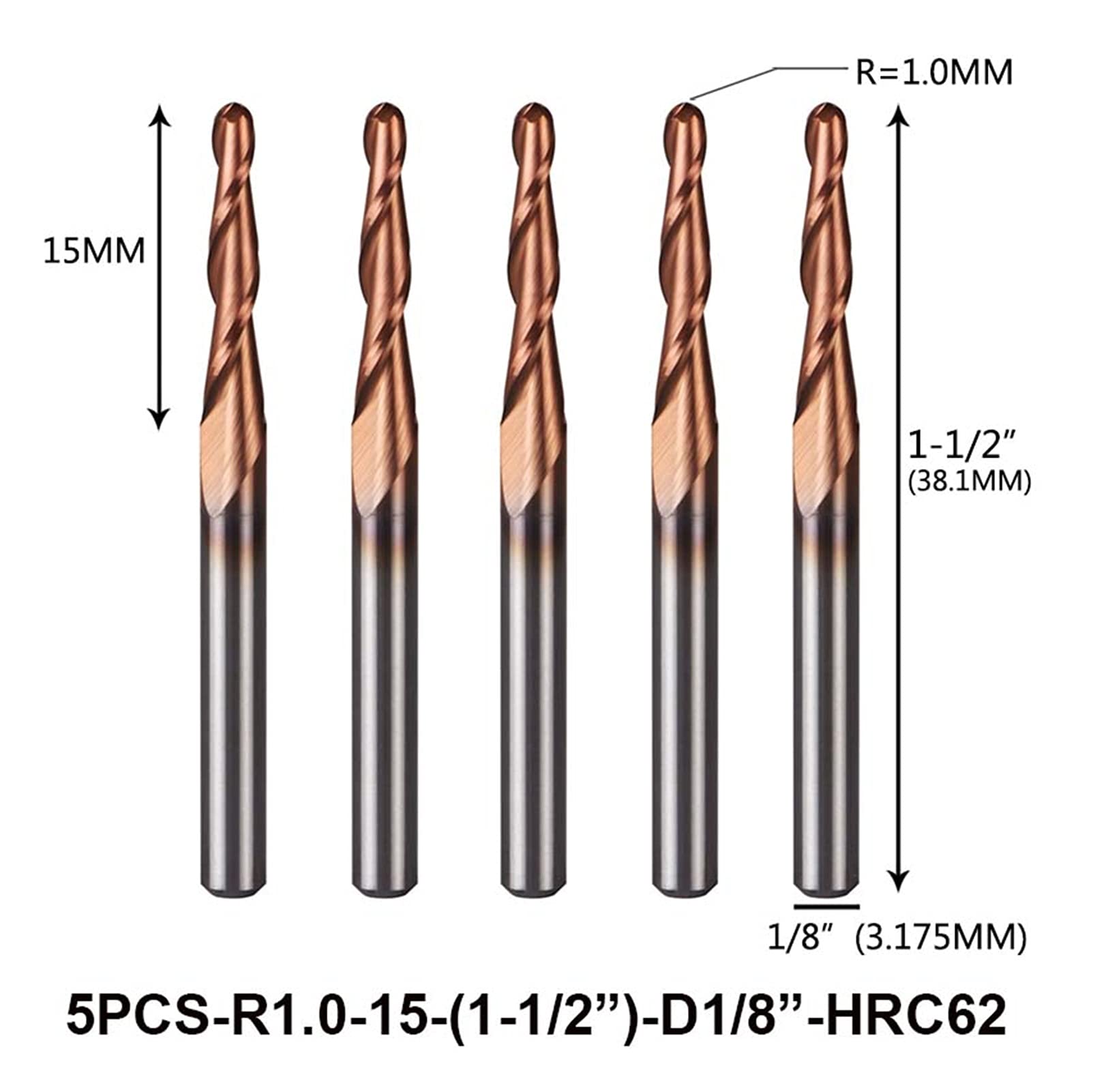 5 sztuk/partia stożkowa głowica kulowa frez spiralny z węglika wolframu, 3,175 mm, nanopowłoka, frez CNC, stożkowy frez CNC do drewna i metalu (5PC R1.0 D3.1 HRC62)