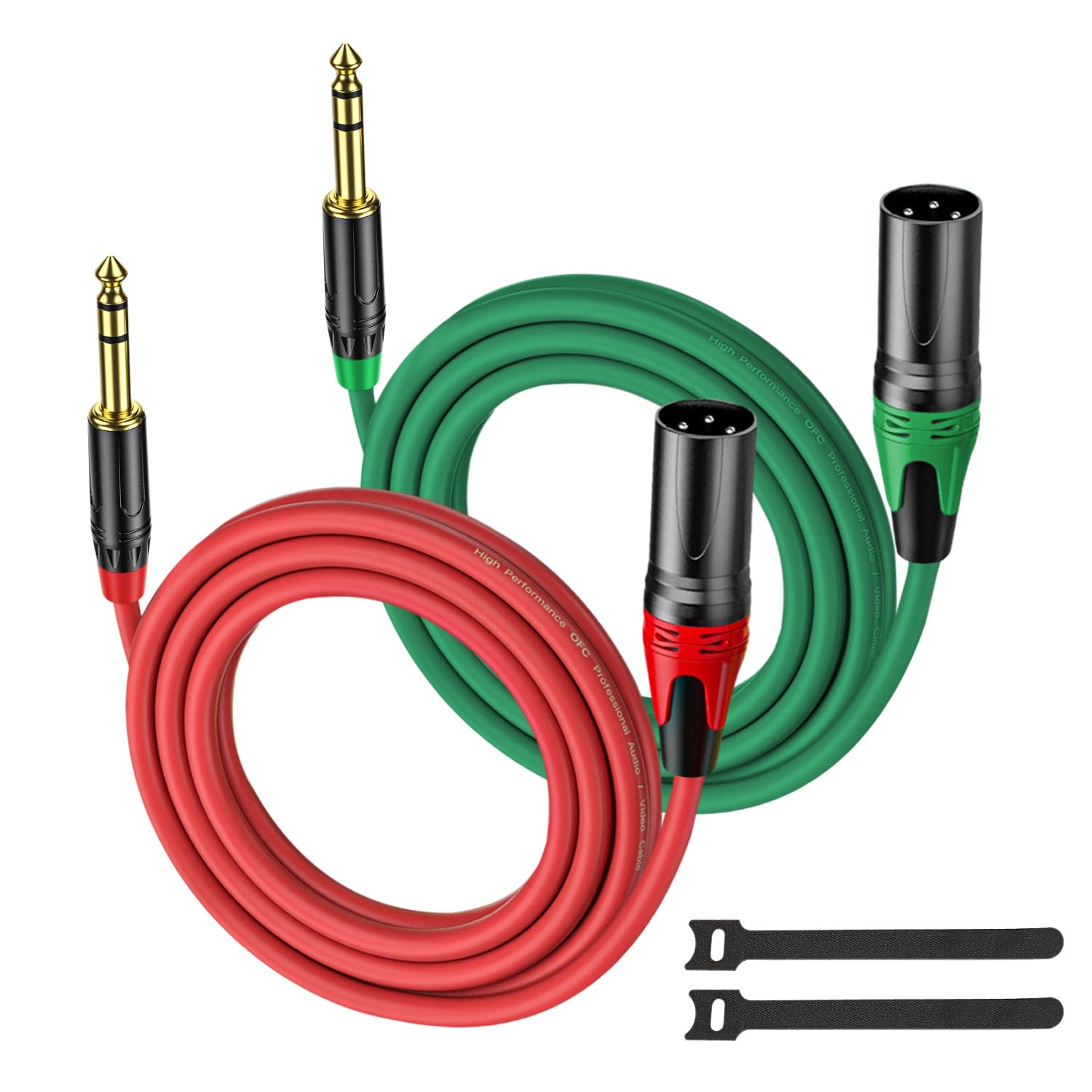 XLR macho a 1/4 (6,35 mm) TRS mono Jack Cable de 6.6 pies, paquete de 2, rojo y verde, para micrófono dinámico, cable de micrófono equilibrado XLRon de 3 pines a TRS, conductores chapados