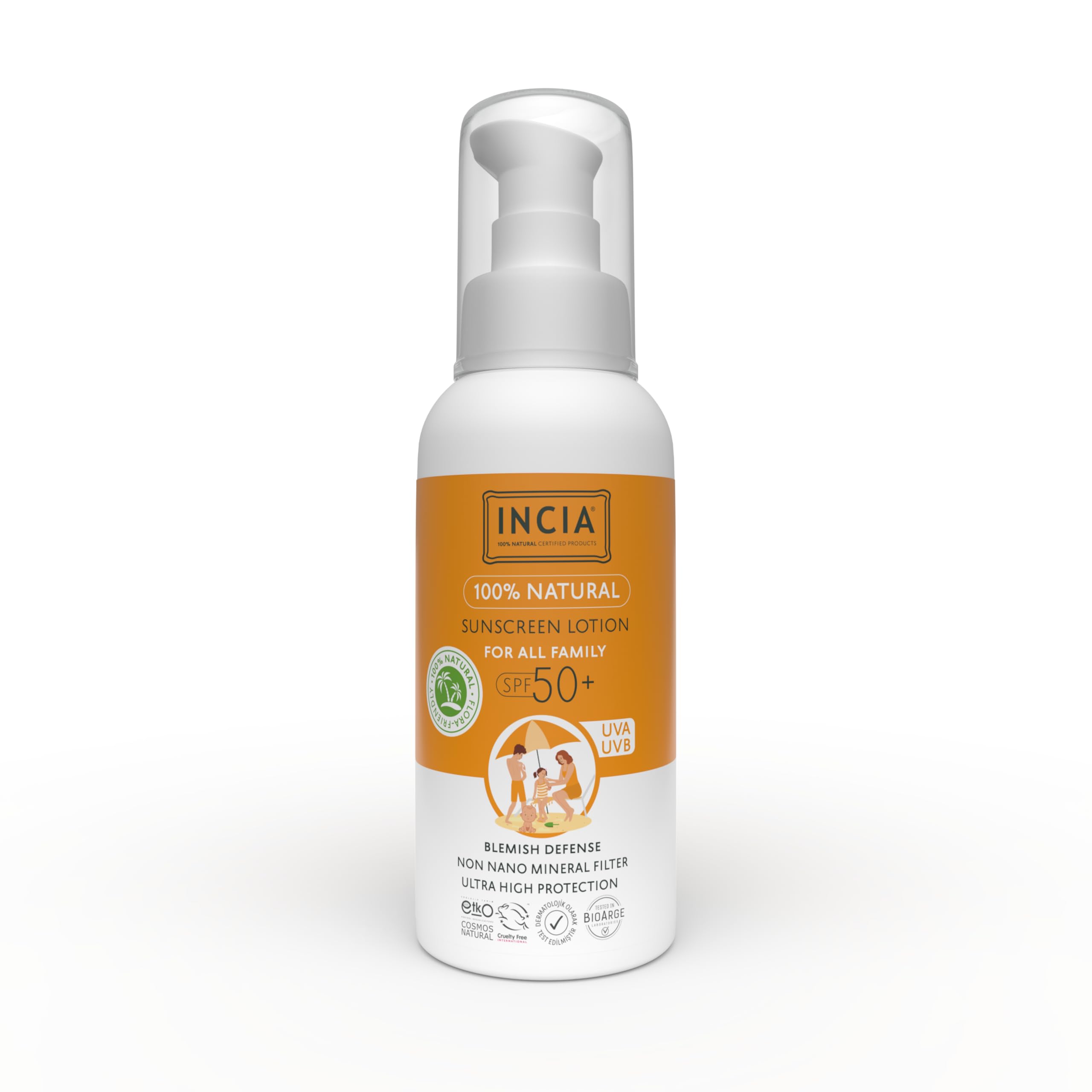 INCIA%100 Doğal ve Organik Tamanu Yağlı Güneş Losyonu Mineral Filtreli Tüm Aile Için 50 SPF 100 ml