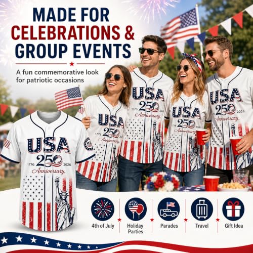 USA Camiseta de Béisbol por el 250 Aniversario, Estatua de la Libertad con Bandera USA, Camisa Transpirable con Botones miniatura 2