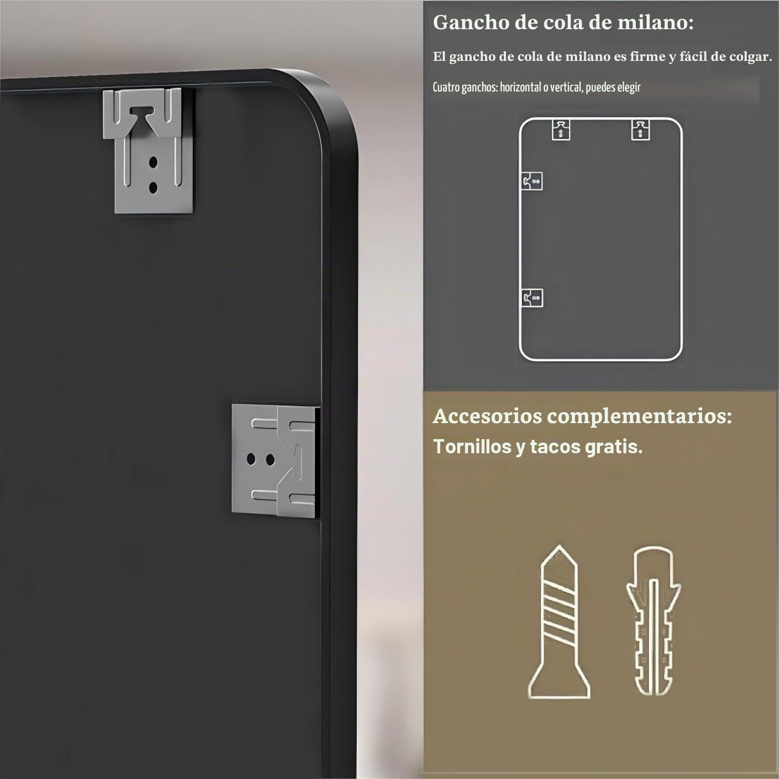 Espejo de baño 70x50 cm, Marco de Aluminio Negro | Resistente al óxido y la corrosión · montaje horizontal o vertical · baño, dormitorio, salón, pasillo