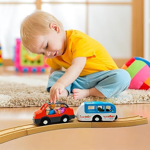 Miniatura 5 de Juego de trenes magnéticos y autos de madera, accesorios de tren, estación de tren para niños de 3 a 5 años, juegos de trenes de madera para niños