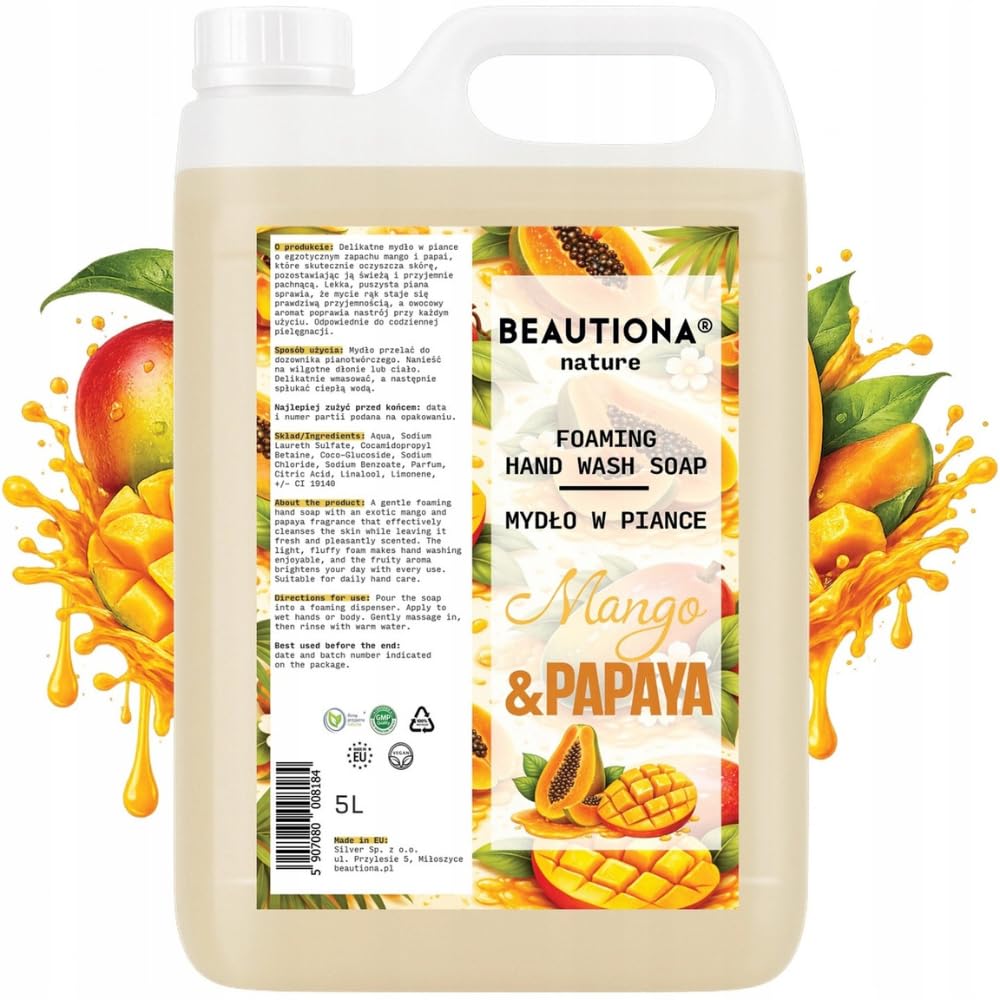 Mydło piankowe 5 l, kanister uzupełniający, mango i papaja, opakowanie uzupełniające do dozownika mydła w piance, mydło do rąk i ciała, neutralne pH z gliceryną i olejkiem migdałowym – bez silikonów