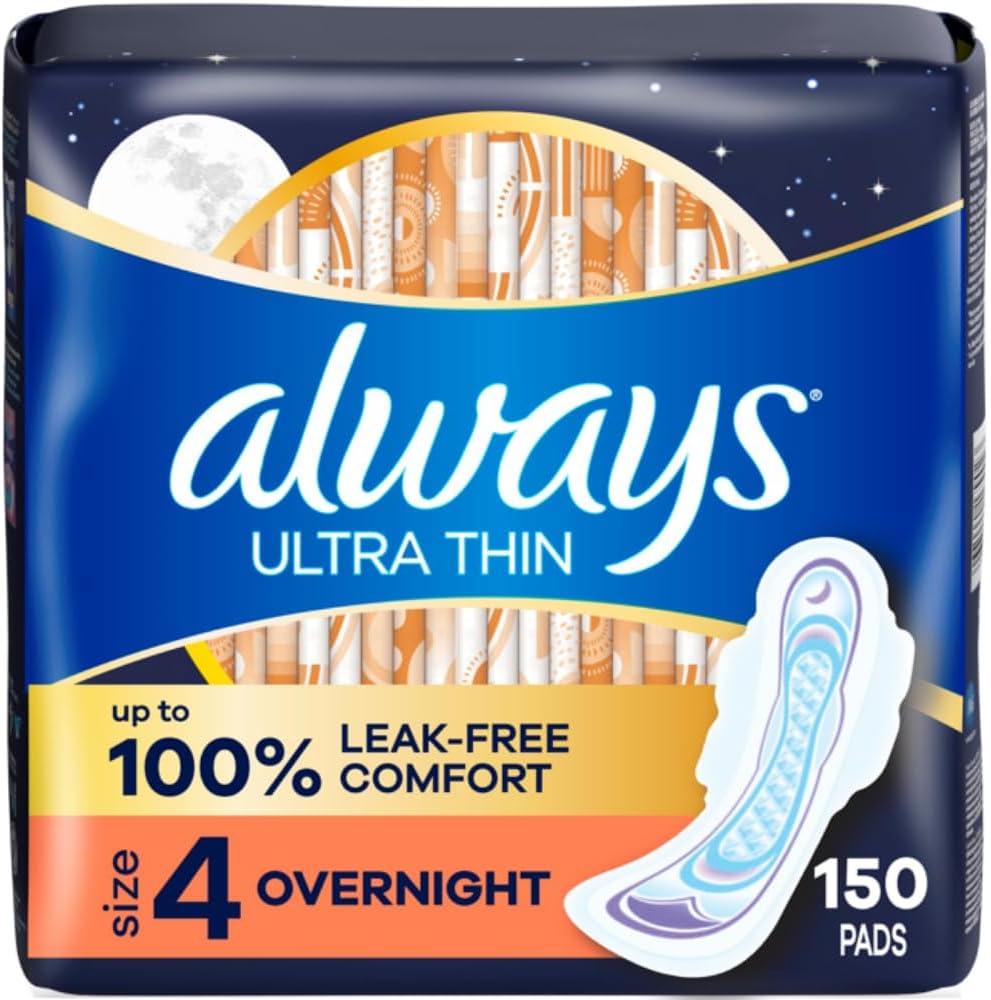 Ultra Thin Overnight Pads, Size 4, Overnight, Unscented, 50 Count x 3 Packs (150 Count total) (Packaging May Vary)