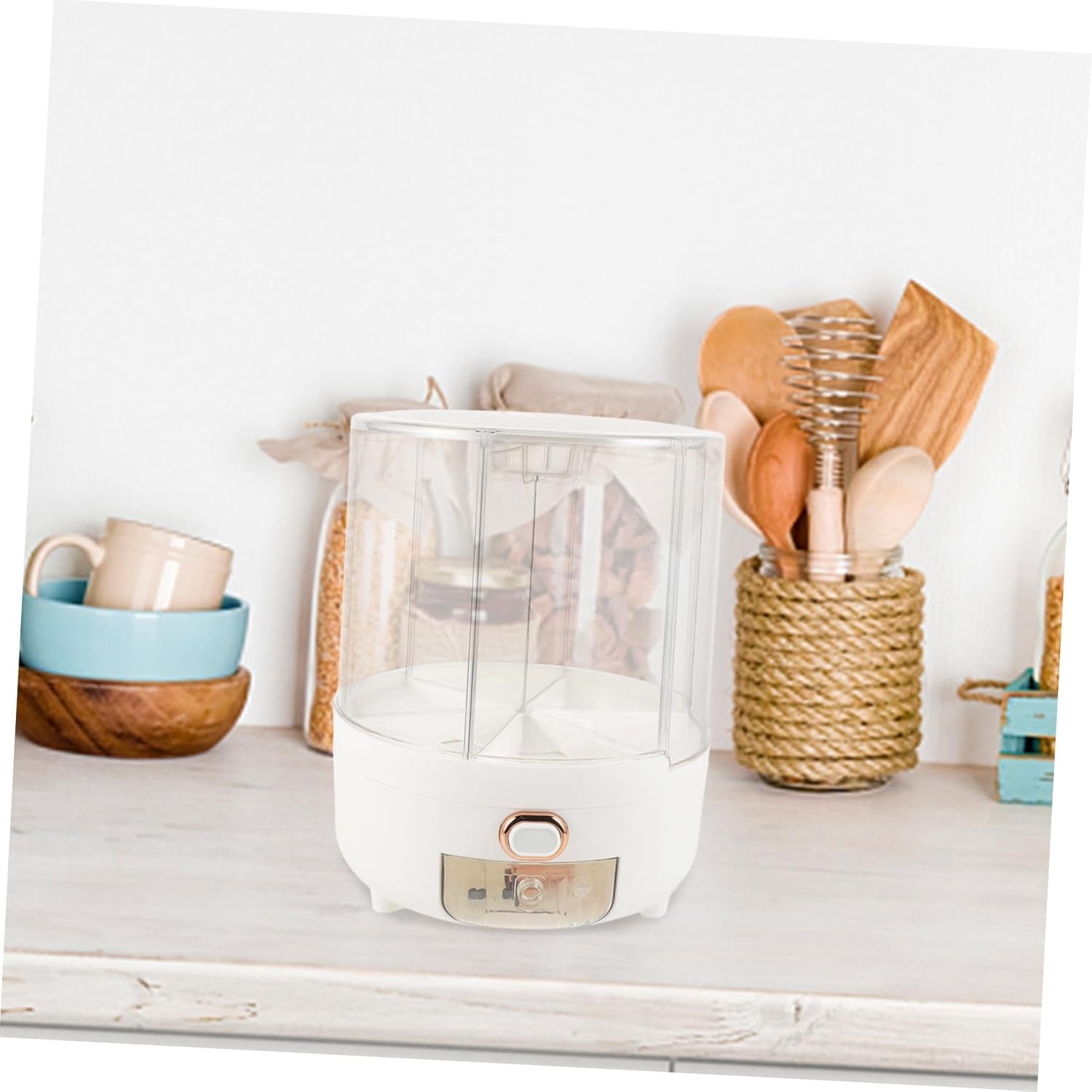 Ciieeo Rice Dispenser with Compartments Airtight Cereal Container Rotating Grain Storage for Kitchen Use Convenient Button Release for Rice Beans and More