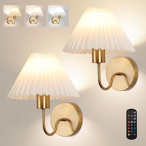 Miniatura 9 de Juego de 2 apliques de pared inalámbricos, plisados, recargables, funciona con pilas, luces de pared doradas, cuello de cisne retro, apliques de