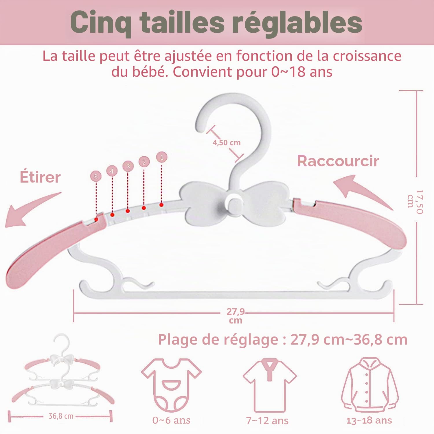 WJWSKI 28-37cm Cintre Enfant en Plastique, 20pcs Cintre Enfant Empilables, Antidérapants Cintre Bebe Extensibles pour vêtements d'enfants et bébés - Peu encombrant - Rose et Blanc