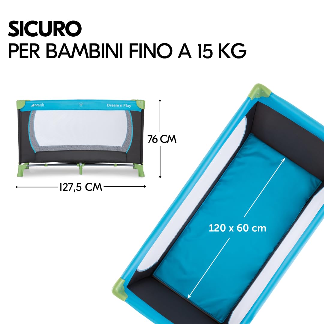 hauck Set Dream N Play Culla Neonato con Materasso Alvi 120x60cm - Lettino Neonato da Viaggio Pieghevole - Lettino da Campeggio con Borsa e Zanzariera - (Blu acqua)