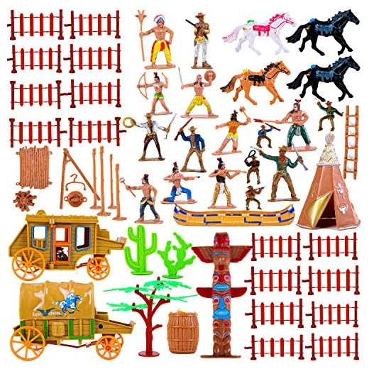 PROLOSO 56 Pcs Cowboys & Indians Figure Playset Toy Native American Figures Wild West Miniature Kit