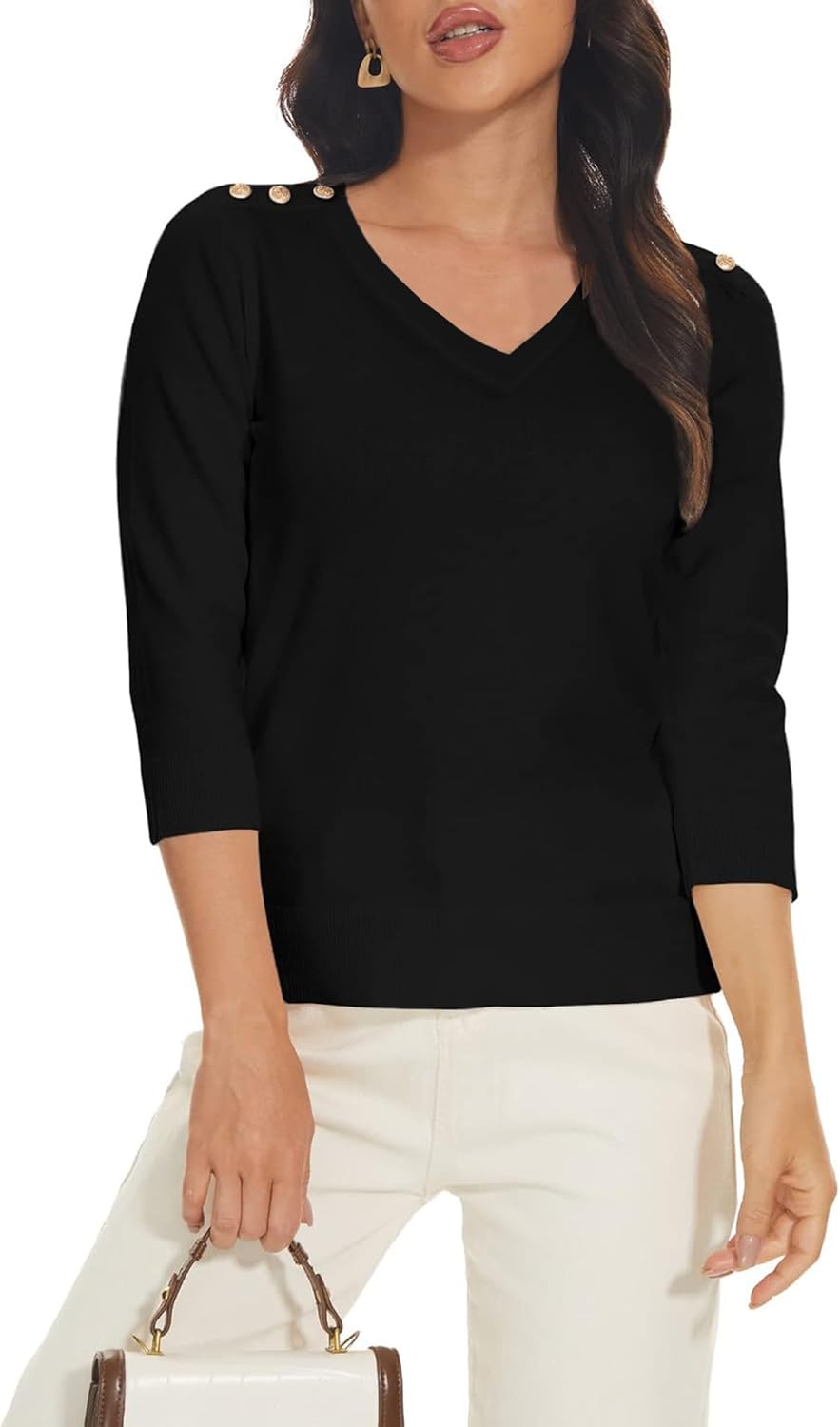 Spicy Sandia Women's 3/4 Sleeve V Neck Pullover Sweaters Lightweight Dressy Casual Trendy Knit Top Shirt