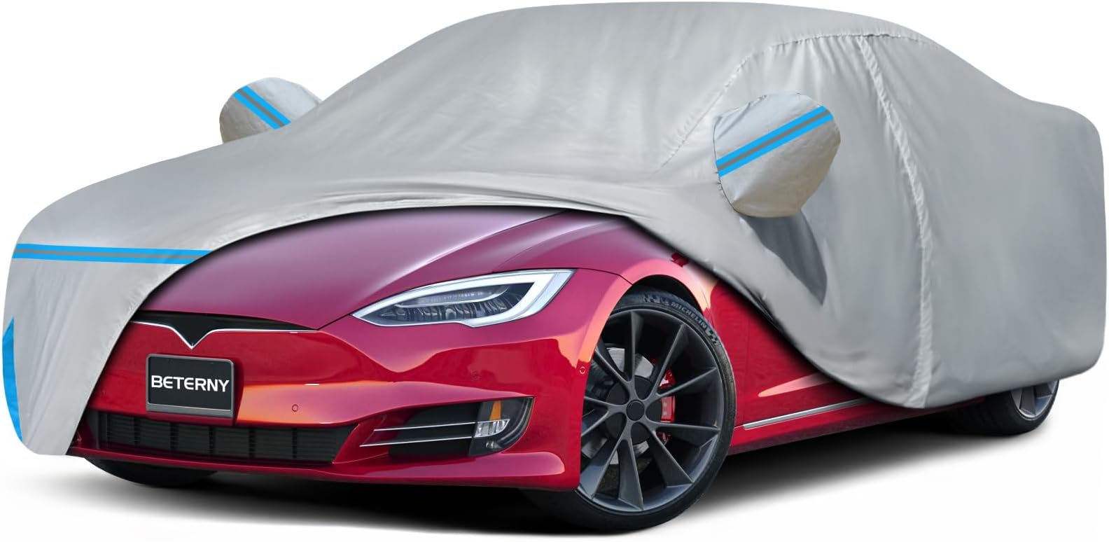 Car Cover for 2012-2025 Tesla Model S, Waterproof Custom-fit All Weather Sun Rain UV Dust Snow Protection Windproof Outdoor Model S Full Car Cover with Door Zipper and Cotton Lining-Gray