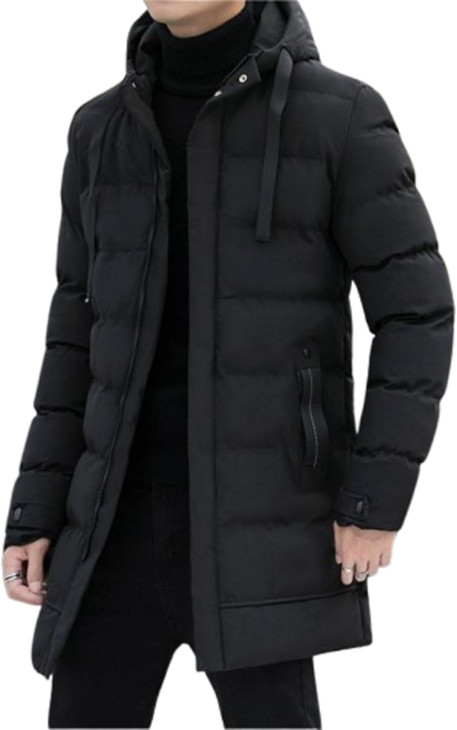 DGHM-JLMY Men Loose Solid Padded Hooded Down Jacket Long Winter Thicken Down Outerwear Zip Up Mid-Length Puffer with Pocket