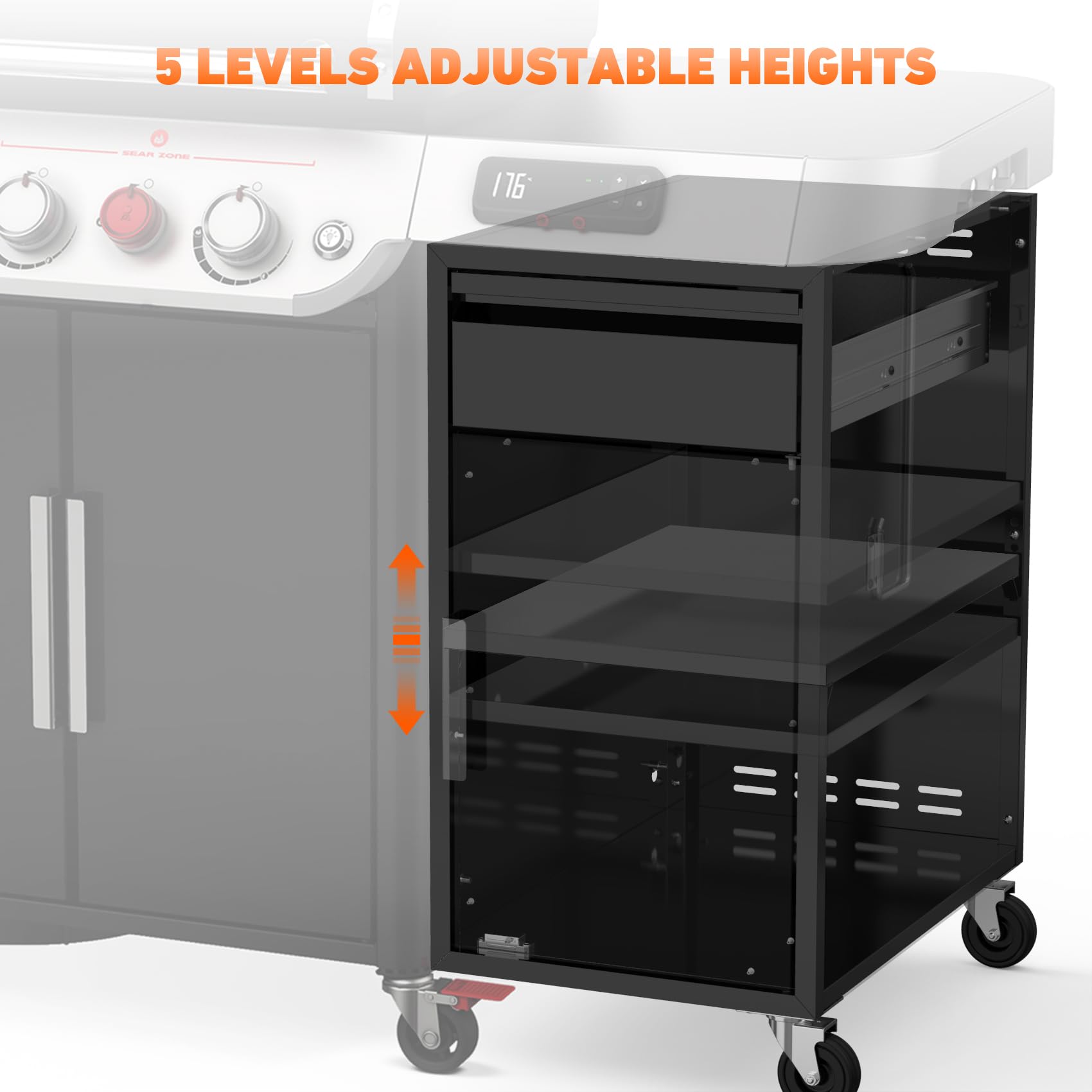 onlyfire Grill Beistellschrank für Weber Genesis 2022, Mobiler Gasgrill Seitenschrank mit Gewürzschublade, Küchenrollenhalter & Rollen, Outdoorküche Erweiterung für Genesis S/E/EX/EPX 325 335 425 435