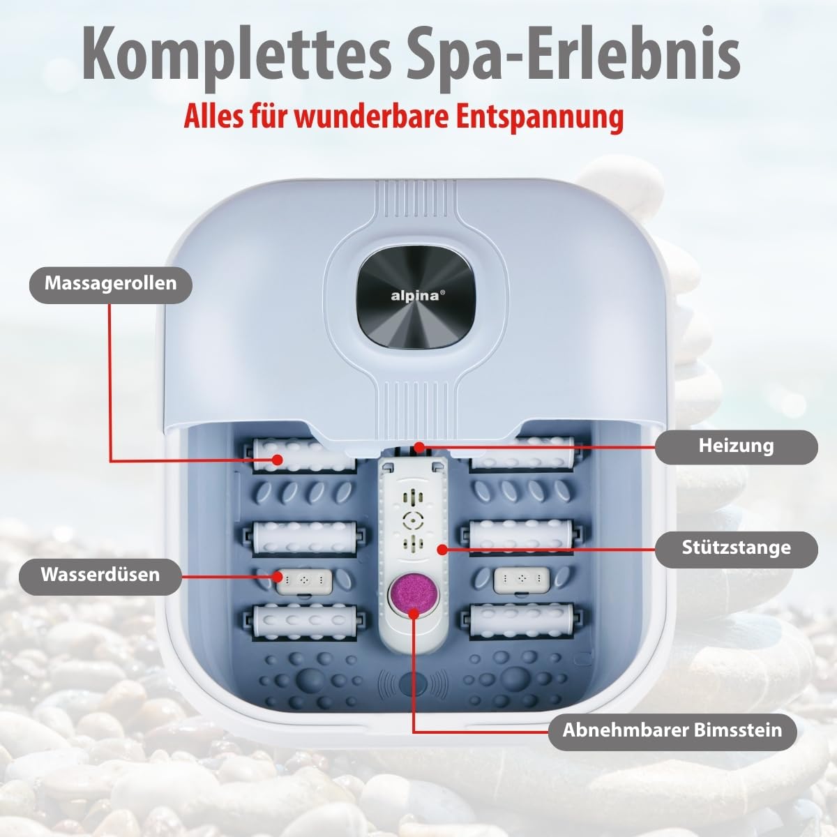alpina Fußsprudelbad 8L 500W – Faltbares Fußmassagegerät mit Heizung und Blasen – Massage-Rollen und Bimsstein – Heim-Spa für Fußpflege – Hellblau