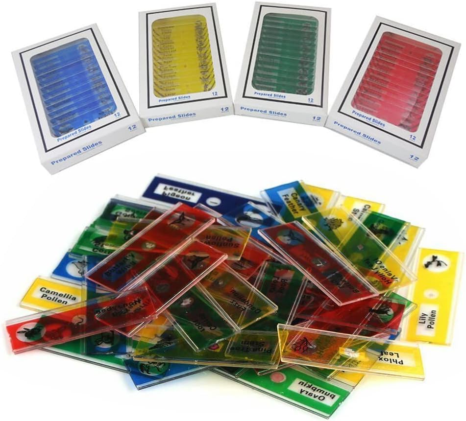 48pcs Prepared Microscope Slides,Biology Plastic Animals Insects Plants Flowers,Mgoodoo Lab Specimens Portable Educational Microscope Slides(4 Boxes)
