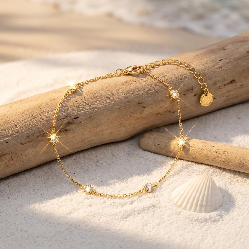 Dainty Gold Plated Cubic Zirconia Anklet for Women - Adjustable Station Ankle Bracelet with Extender Chain, Sparkling Summer Jewelry for Beach and Wedding