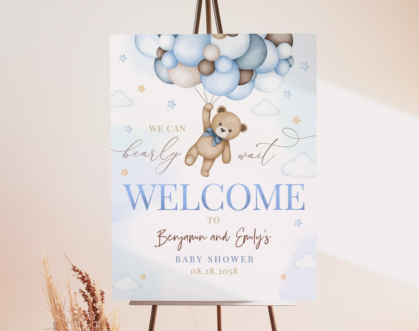 Baby Shower Welcome Sign with Stand, Personalized Custom Welcome to Our Baby Shower Poster, Entrance Decor Board, Plastic Sign for Easel Teddy Bear We Can Bearly Wait Boy Blue Boho Hot Air Balloons