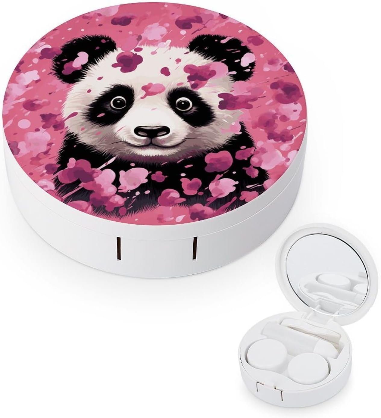 Pink Panda Cotton Contact Lens Case Portable Contact Lens Applicator Removal Tool Kit Cute Round Eyeglass Cases with Mirror for Daily Vision Care And Outdoor Use