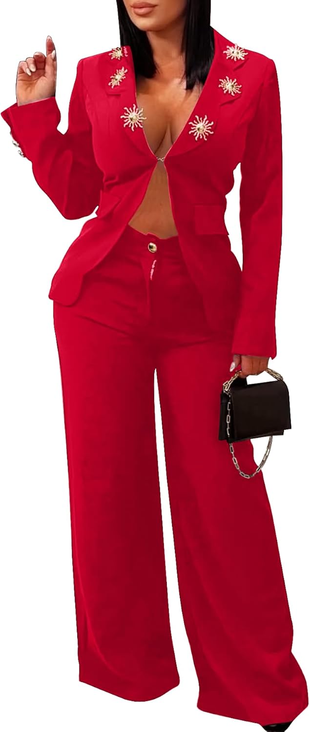 Womens Pants Suits 2 Piece Outfits Dressy Business Long Sleeve Sexy Blazers Wide Leg Pants Set Work
